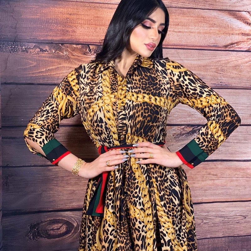 Wholesale Leopard Print Abaya Dubai Party Long Dress with Button Islamic Clothing Women Muslim Maxi Dress