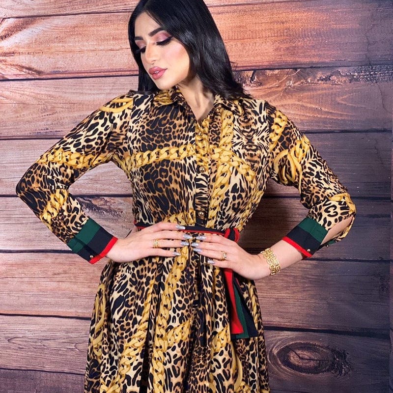 Wholesale Leopard Print Abaya Dubai Party Long Dress with Button Islamic Clothing Women Muslim Maxi Dress