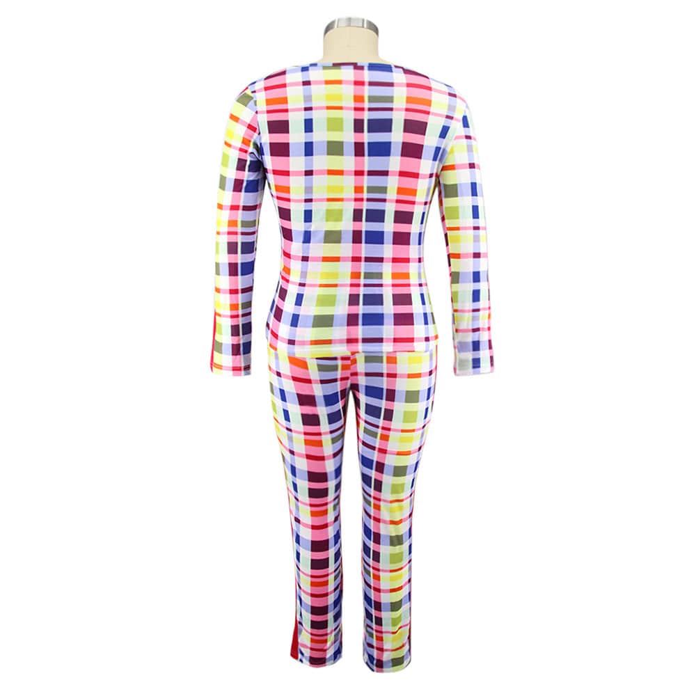 Wholesale New Autumn And Winter Long-Sleeved Round Neck Casual Tight-Fitting Plaid Printed Ladies Womens Plus Size Clothing Suit