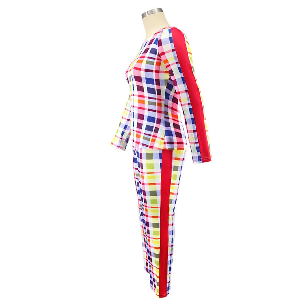 Wholesale New Autumn And Winter Long-Sleeved Round Neck Casual Tight-Fitting Plaid Printed Ladies Womens Plus Size Clothing Suit