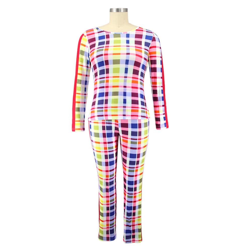 Wholesale New Autumn And Winter Long-Sleeved Round Neck Casual Tight-Fitting Plaid Printed Ladies Womens Plus Size Clothing Suit