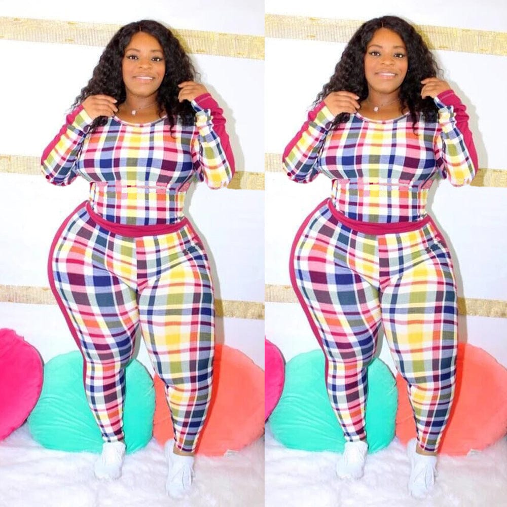 Wholesale New Autumn And Winter Long-Sleeved Round Neck Casual Tight-Fitting Plaid Printed Ladies Womens Plus Size Clothing Suit