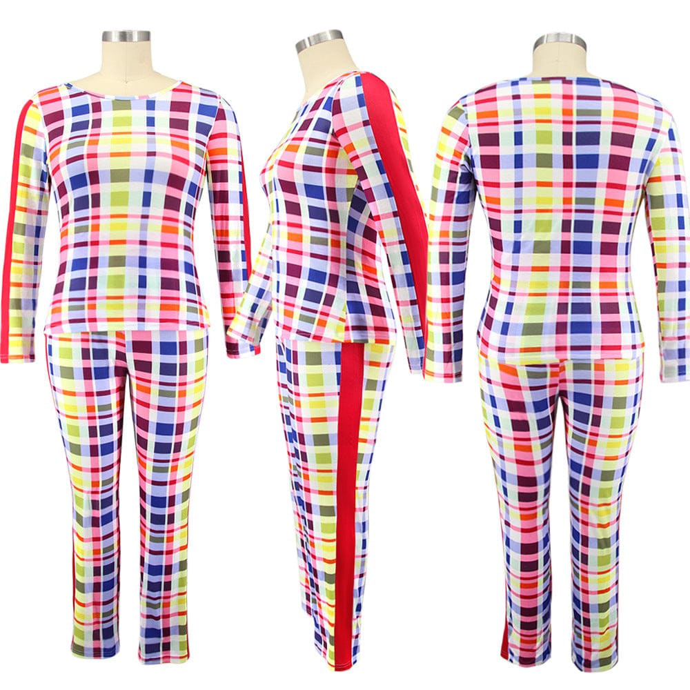 Wholesale New Autumn And Winter Long-Sleeved Round Neck Casual Tight-Fitting Plaid Printed Ladies Womens Plus Size Clothing Suit