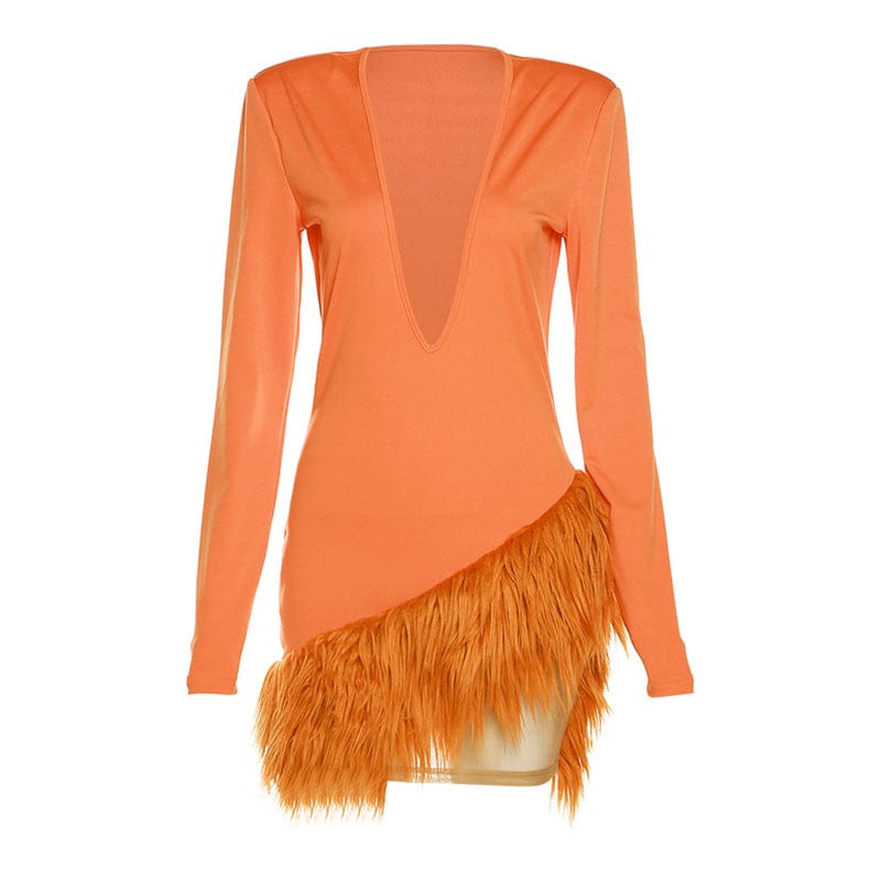 Wholesale New Design Women Casual Mini Dresses Long Sleeve Fur Feather Bodycon Dress Elegant Sexy Evening Club Dress