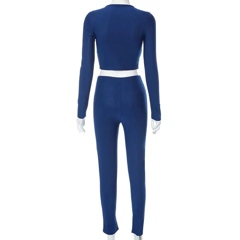 Wholesale newest sexy club 2 pcs set womens clothing two piece long sleeve crop top and pant matching set
