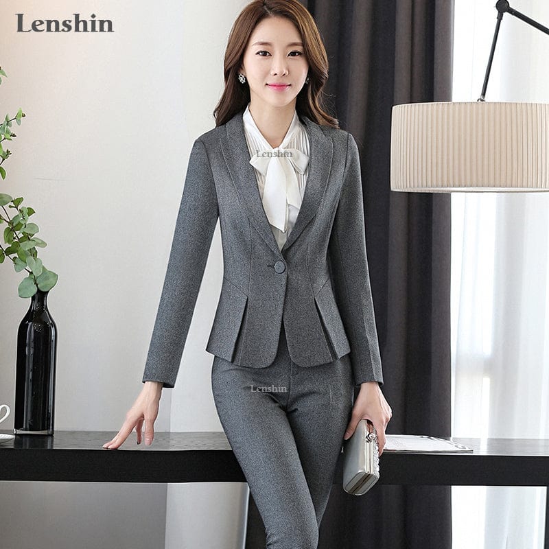 Wholesale OEM 2 Pieces Set Women Business Suits Formal Office Lady Uniform Design Gray pant Suit Women Work Wear Blazer Trouser