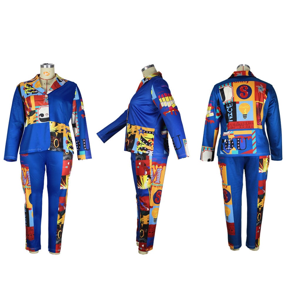 Wholesale Patchwork Print Plus Size Fall Casual Two Piece Set for Women Oversize Autumn Long Sleeve Ladies Clothing Suit