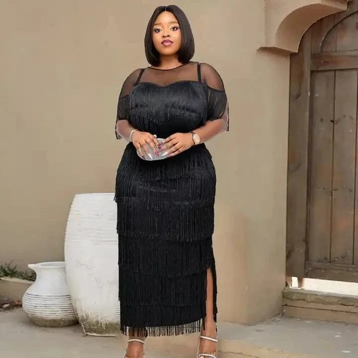 Wholesale Plus Size Sexy See Through Mesh Women Tassel Party Dress
