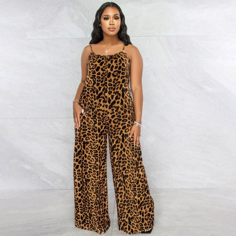 Wholesale Plus Size Strap Cheetah Print Womens Jumpsuit Leopard Print Wide Leg Jumpsuit Leopard Oversized Jumpsuits For Women