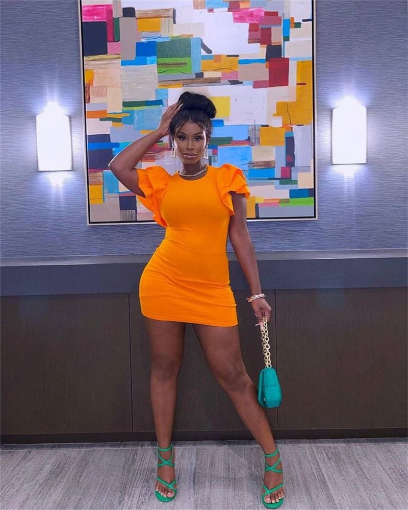 Wholesale Products Round Neck Ruffle Sleeve Bodycon Dress Solid Color High Waist Ladies Summer Short Casual Dresses