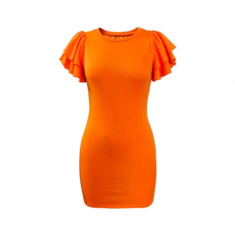 Wholesale Products Round Neck Ruffle Sleeve Bodycon Dress Solid Color High Waist Ladies Summer Short Casual Dresses