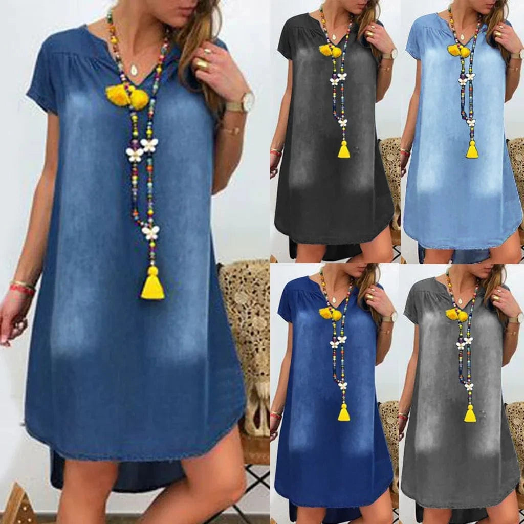 Wholesale Simple Ladies Summer New Casual Plus Solid Color V-Neck Short Sleeve Denim Women's Dress