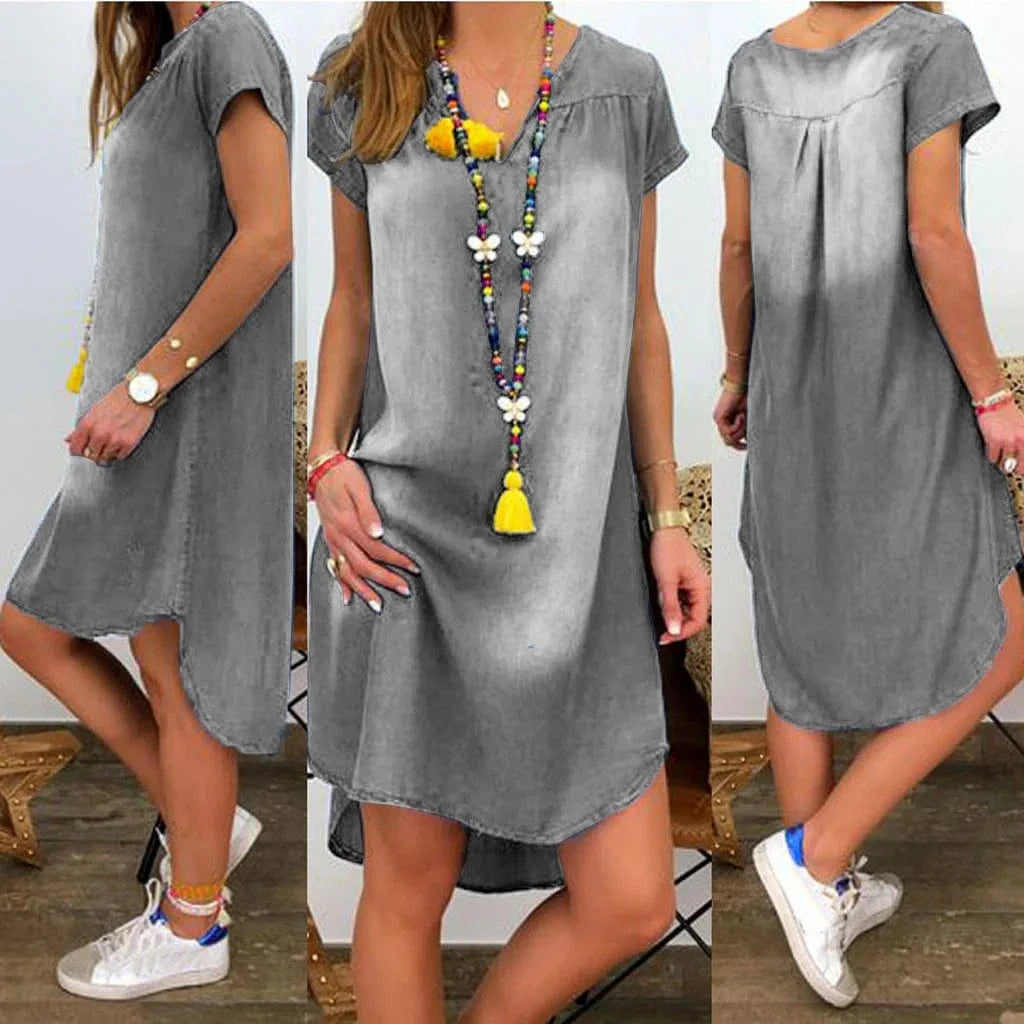Wholesale Simple Ladies Summer New Casual Plus Solid Color V-Neck Short Sleeve Denim Women's Dress