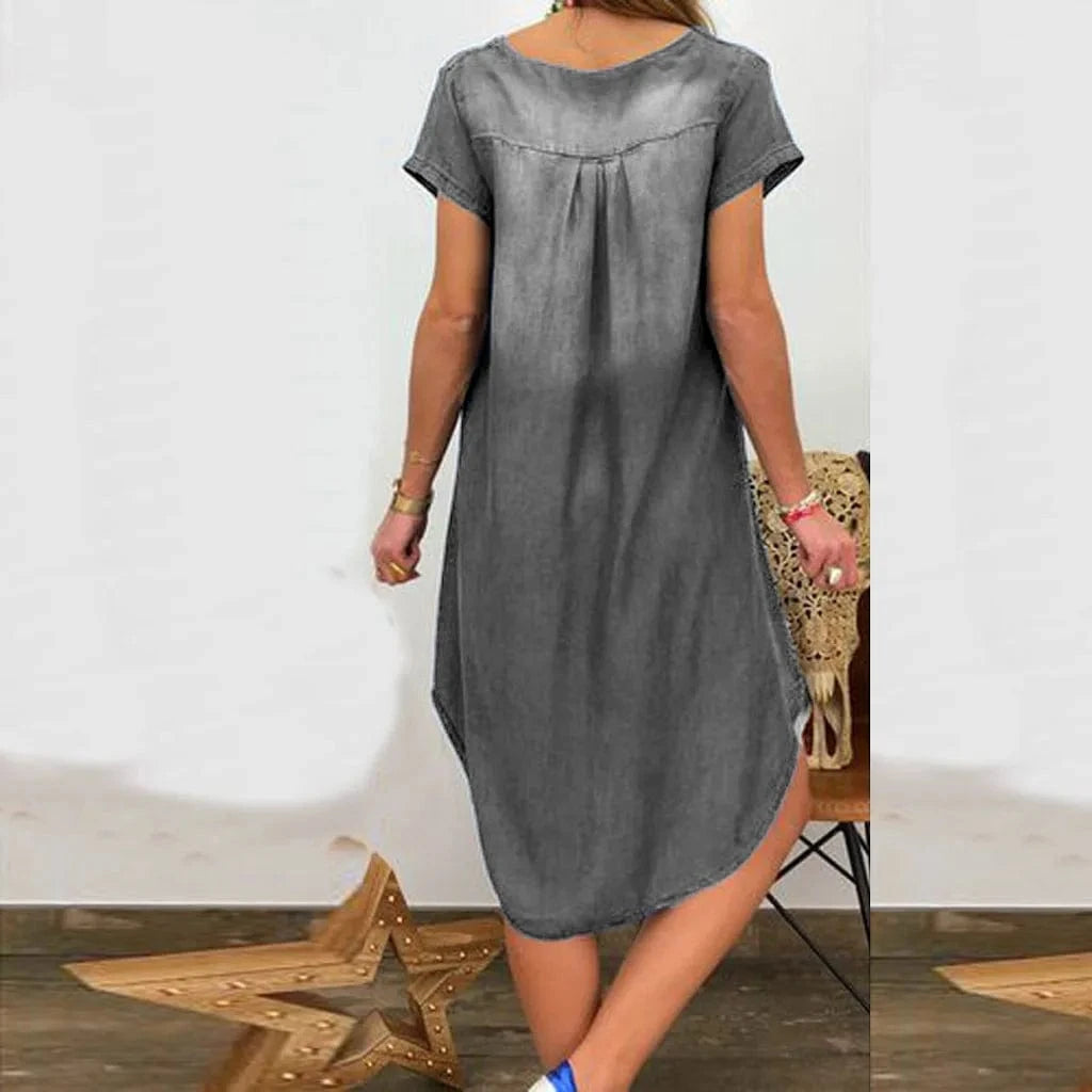 Wholesale Simple Ladies Summer New Casual Plus Solid Color V-Neck Short Sleeve Denim Women's Dress