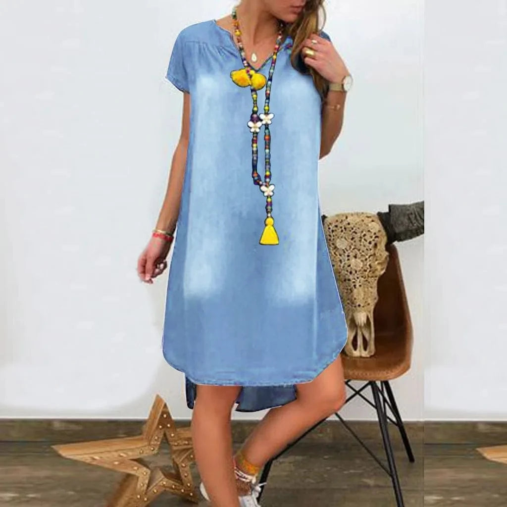 Wholesale Simple Ladies Summer New Casual Plus Solid Color V-Neck Short Sleeve Denim Women's Dress
