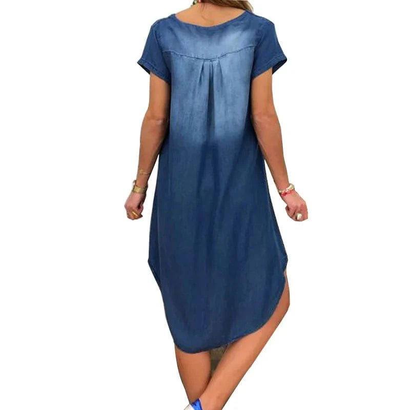 Wholesale Simple Ladies Summer New Casual Plus Solid Color V-Neck Short Sleeve Denim Women's Dress