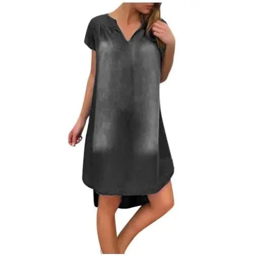 Wholesale Simple Ladies Summer New Casual Plus Solid Color V-Neck Short Sleeve Denim Women's Dress