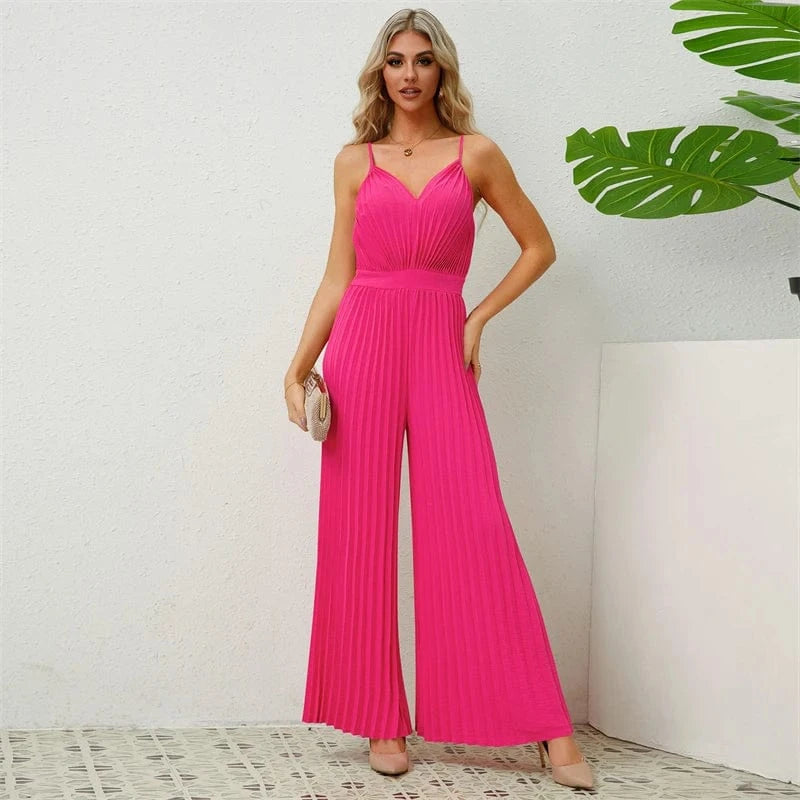wholesale spring summer 2024 ladies female women solid sleeveless one piece pleated full romper bodysuit jumpsuit for women