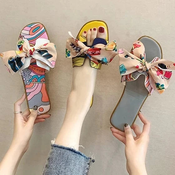 wholesale Summer Popular Women Slide sandal with Bow Decoration Ladies Slipper Printed Flat Slides for girl