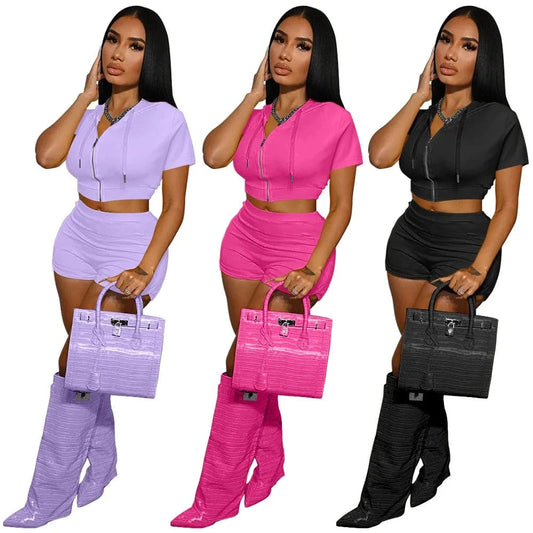 Wholesale Summer Women's Full Zip Up Hoodies Crop Top Sexy Sweat Booty Shorts Two Piece Short Set Women Clothing Tracksuit