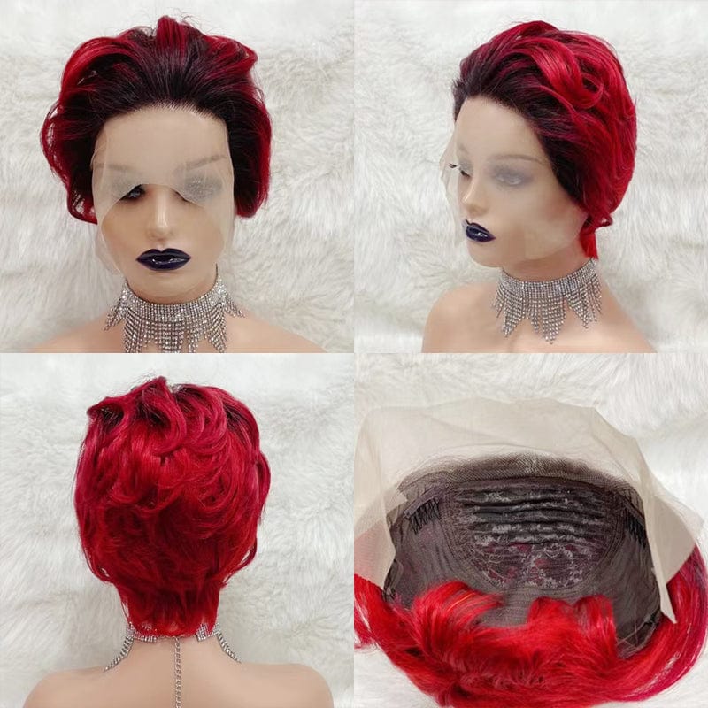 Wholesale Vendors 10A Virgin Cut Short Bob Lace Frontal Pixie Curls Wig 99j Red Color Pre Plucked Lace Front Human Hair Wigs