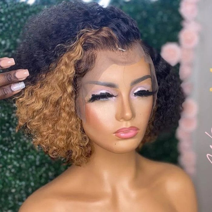 Wholesale Wig Supplier Ombre Burgundy Color Pixie Curly Cut Bob Virgin Cuticle Aligned Human Hair Transparent HD Lace Front Wigs