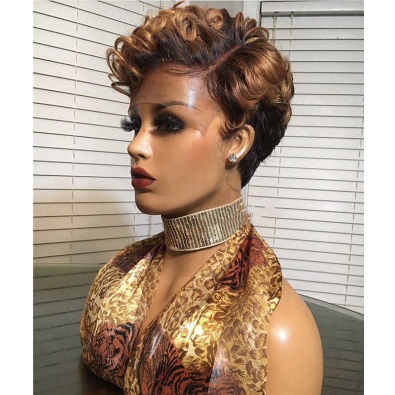 Wholesale Wig Supplier Ombre Burgundy Color Pixie Curly Cut Bob Virgin Cuticle Aligned Human Hair Transparent HD Lace Front Wigs