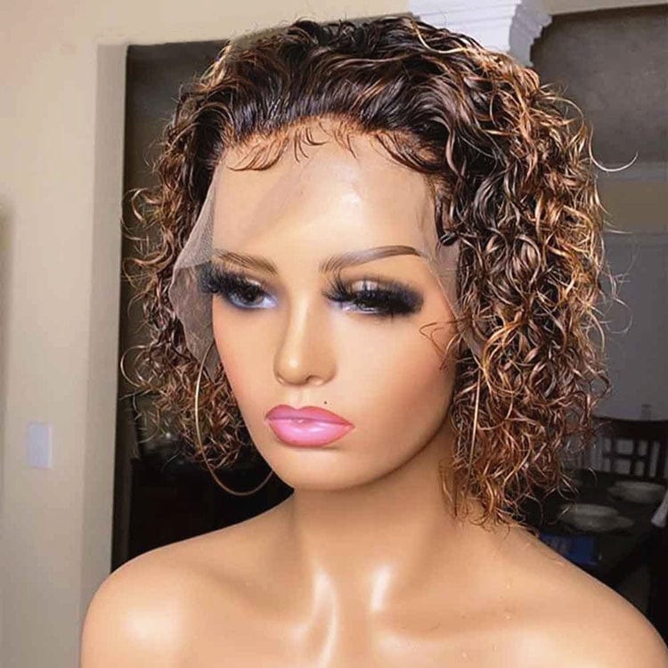 Wholesale Wig Supplier Ombre Burgundy Color Pixie Curly Cut Bob Virgin Cuticle Aligned Human Hair Transparent HD Lace Front Wigs