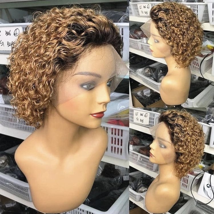 Wholesale Wig Supplier Ombre Burgundy Color Pixie Curly Cut Bob Virgin Cuticle Aligned Human Hair Transparent HD Lace Front Wigs