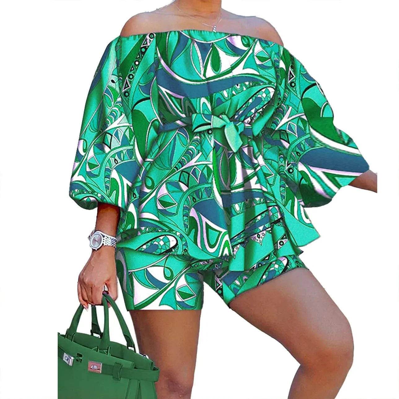 Wholesale Women Plus Size T-shirts Printed Off-neck Belted Top and Shorts Set Women's Summer Casual Two Pieces Set