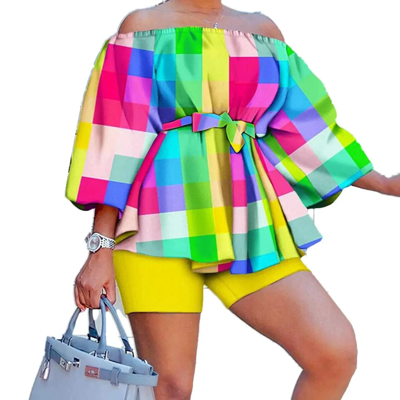 Wholesale Women Plus Size T-shirts Printed Off-neck Belted Top and Shorts Set Women's Summer Casual Two Pieces Set