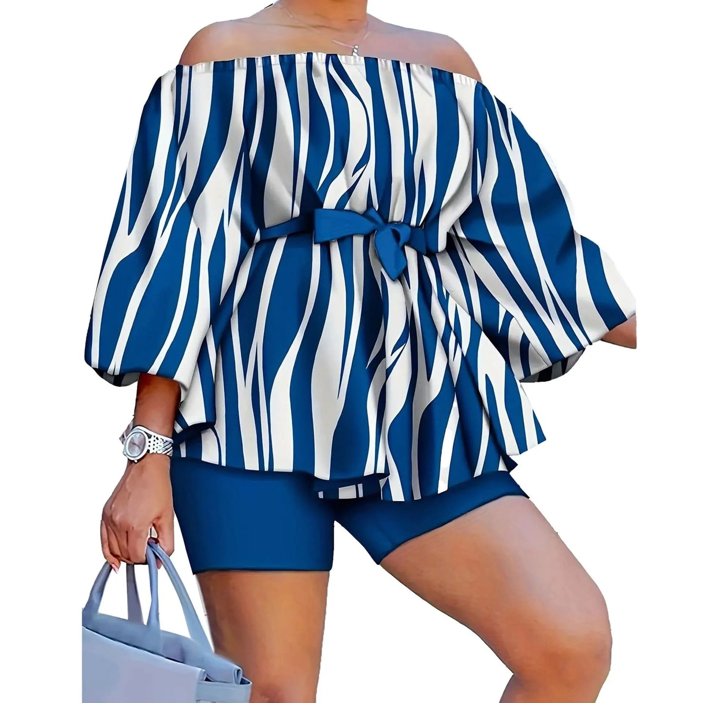 Wholesale Women Plus Size T-shirts Printed Off-neck Belted Top and Shorts Set Women's Summer Casual Two Pieces Set