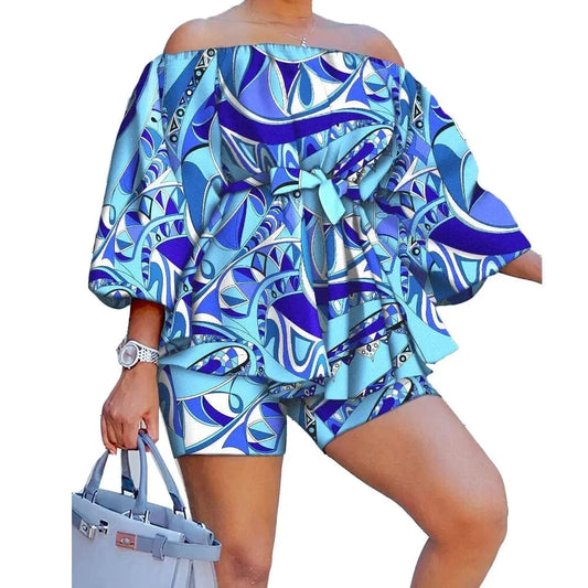 Wholesale Women Plus Size T-shirts Printed Off-neck Belted Top and Shorts Set Women's Summer Casual  Two Pieces Set