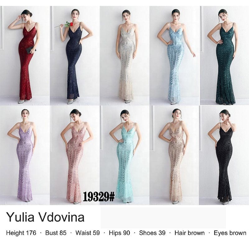 Wholesale Women Sexy V Neck Red Long Sequin Party Gowns Elegant Mermaid Stretchy Black Prom Gown Navy Blue Evening Dresses 2023