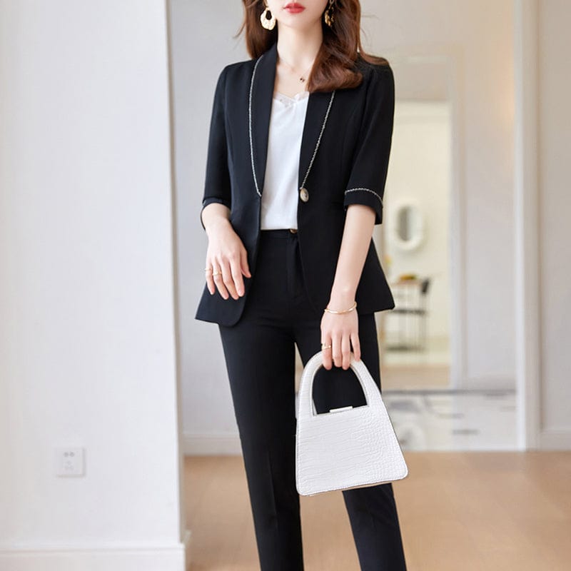 Wholesaler 2 Piece Suit Set for Women Elegant Pant Suits Half Sleeve Blazer Business Office Lady Work Wear White Women Suits