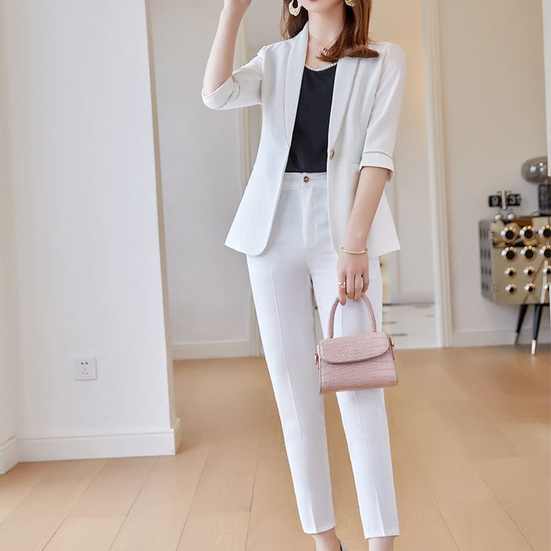 Wholesaler 2 Piece Suit Set for Women Elegant Pant Suits Half Sleeve Blazer Business Office Lady Work Wear White Women Suits