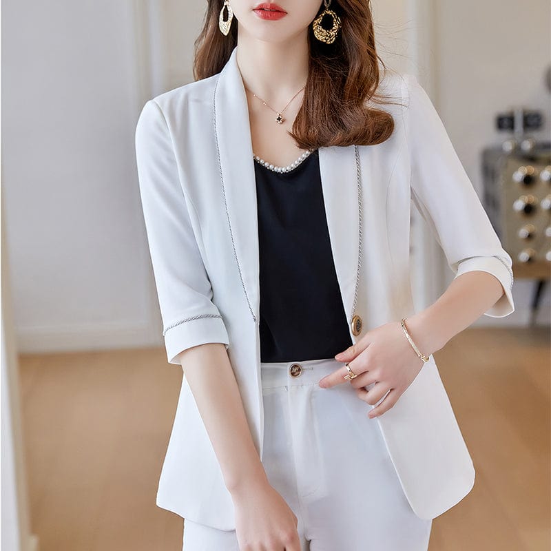 Wholesaler 2 Piece Suit Set for Women Elegant Pant Suits Half Sleeve Blazer Business Office Lady Work Wear White Women Suits