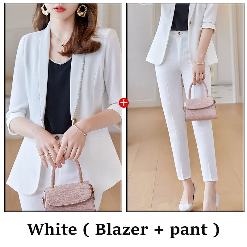 Wholesaler 2 Piece Suit Set for Women Elegant Pant Suits Half Sleeve Blazer Business Office Lady Work Wear White Women Suits
