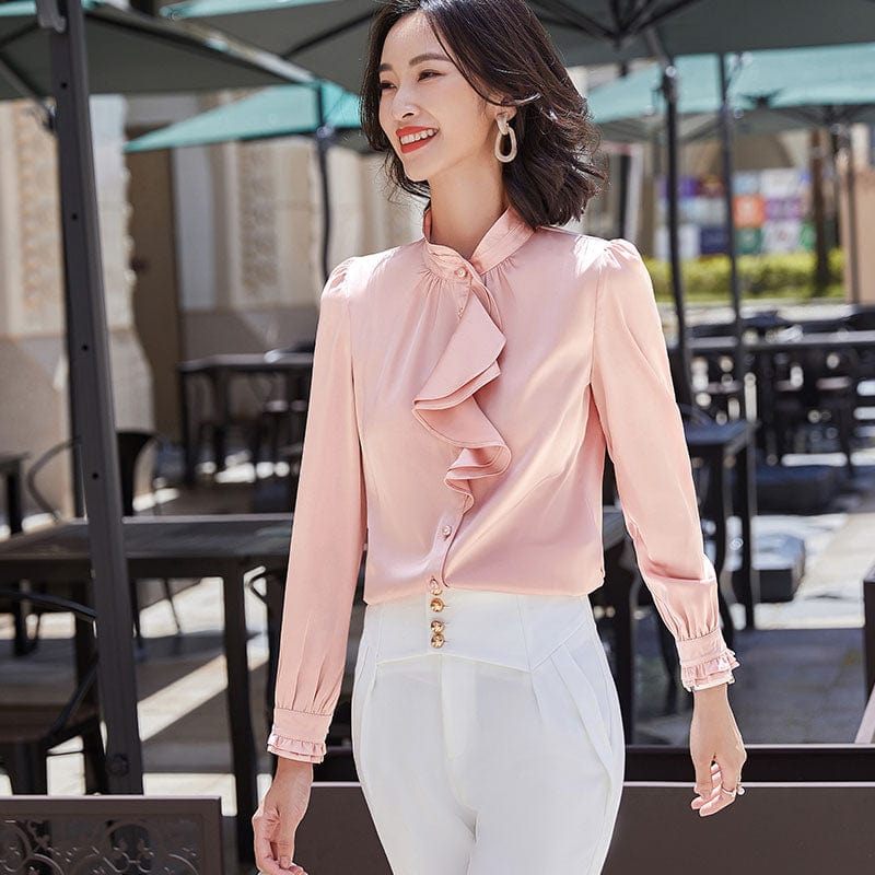 Wholesaler fashion Ruffles shirt women Stand Collar long sleeve blouse office ladies formal Loose plus size tops