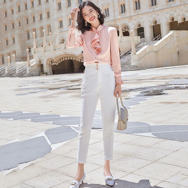 Wholesaler fashion Ruffles shirt women Stand Collar long sleeve blouse office ladies formal Loose plus size tops