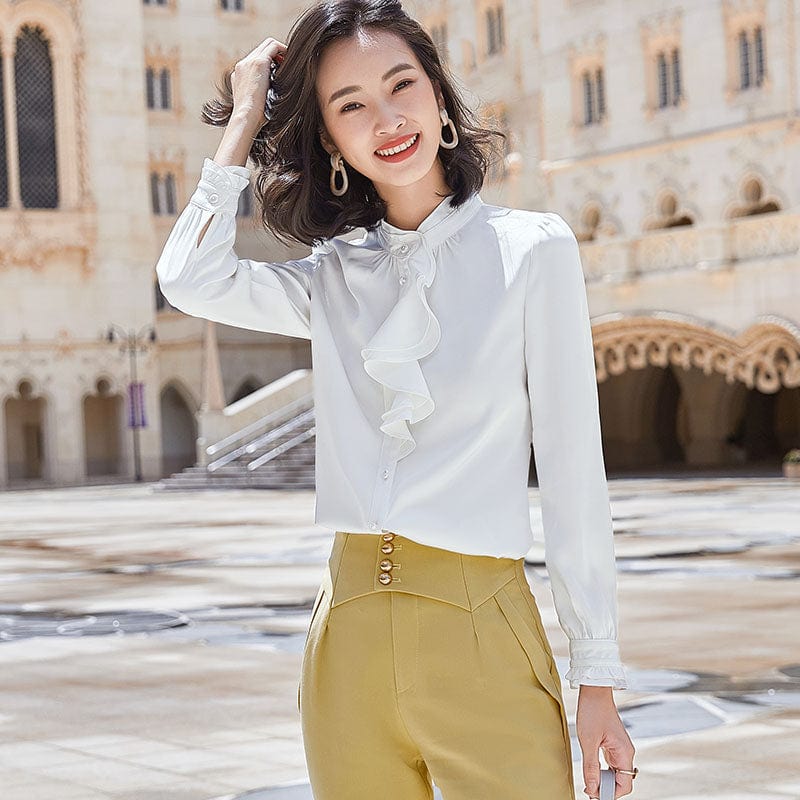 Wholesaler fashion Ruffles shirt women Stand Collar long sleeve blouse office ladies formal Loose plus size tops