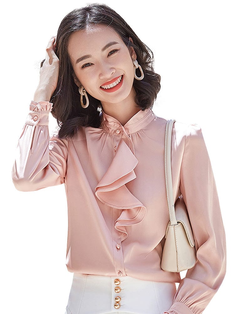 Wholesaler fashion Ruffles shirt women Stand Collar long sleeve blouse office ladies formal Loose plus size tops