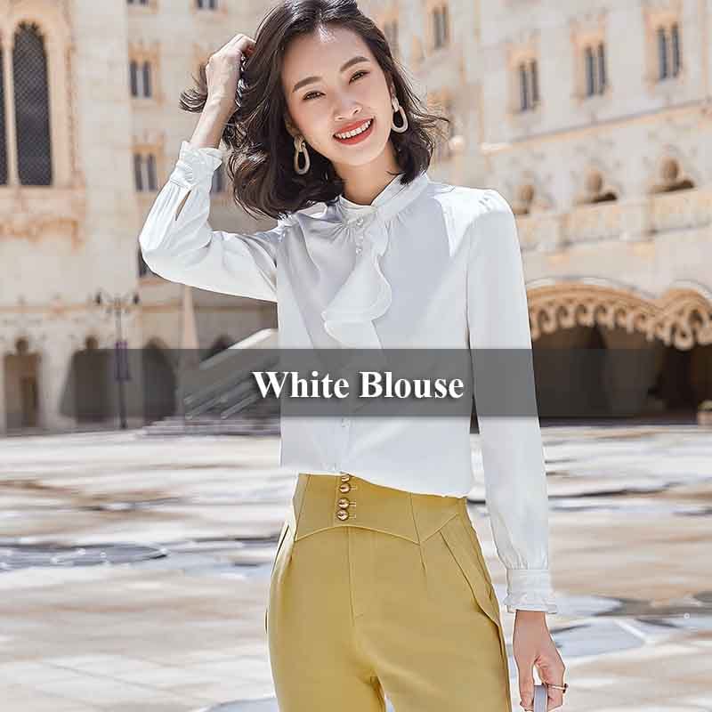 Wholesaler fashion Ruffles shirt women Stand Collar long sleeve blouse office ladies formal Loose plus size tops
