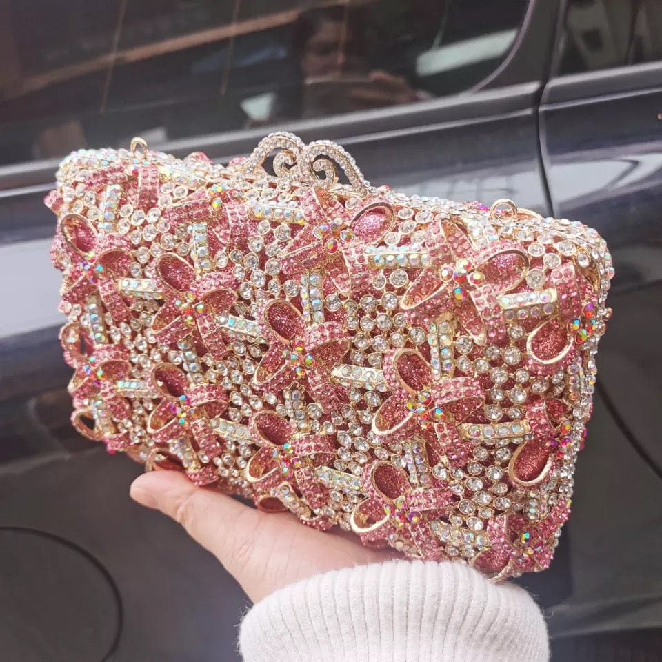 Wholesales Elegant Luxury Crystal Small Bow Flower Clutch Bag Wedding Purse Women Rhinestone Party Handbag