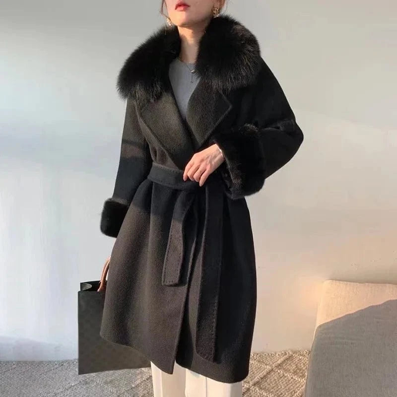 Windproof Belted Cashmere Coat Real Mink Fur Cuffs Long Wool Coat Women With Fox Fur Collar
