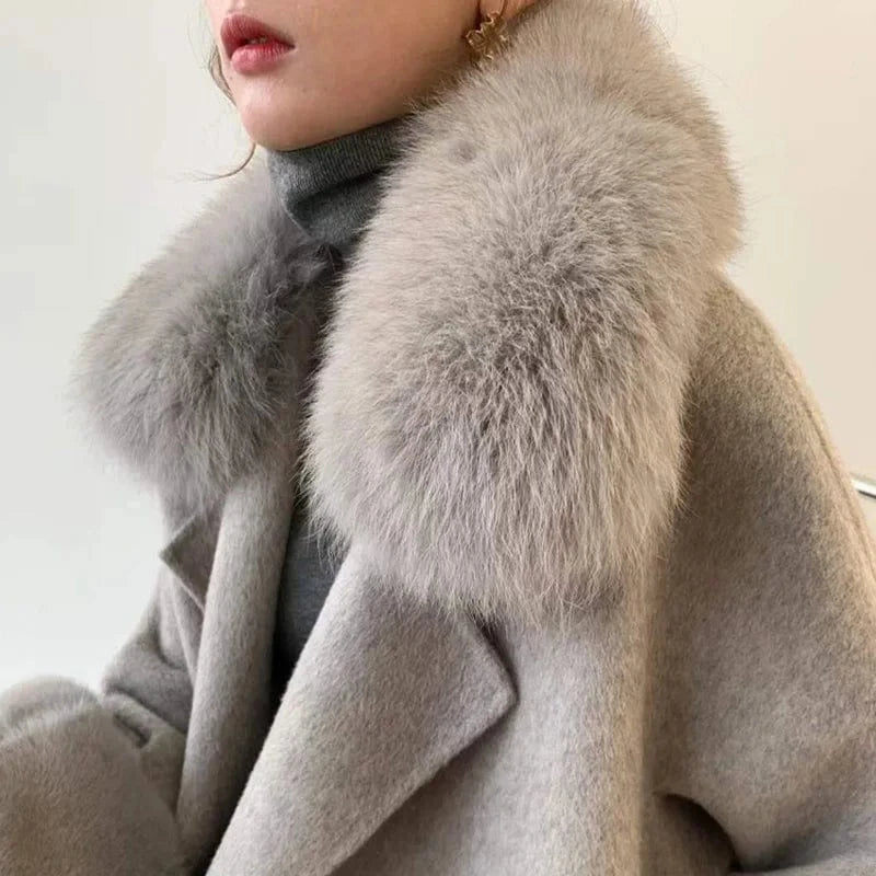 Windproof Belted Cashmere Coat Real Mink Fur Cuffs Long Wool Coat Women With Fox Fur Collar