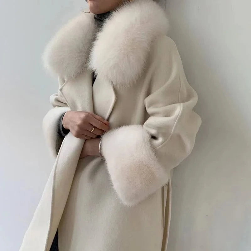 Windproof Belted Cashmere Coat Real Mink Fur Cuffs Long Wool Coat Women With Fox Fur Collar