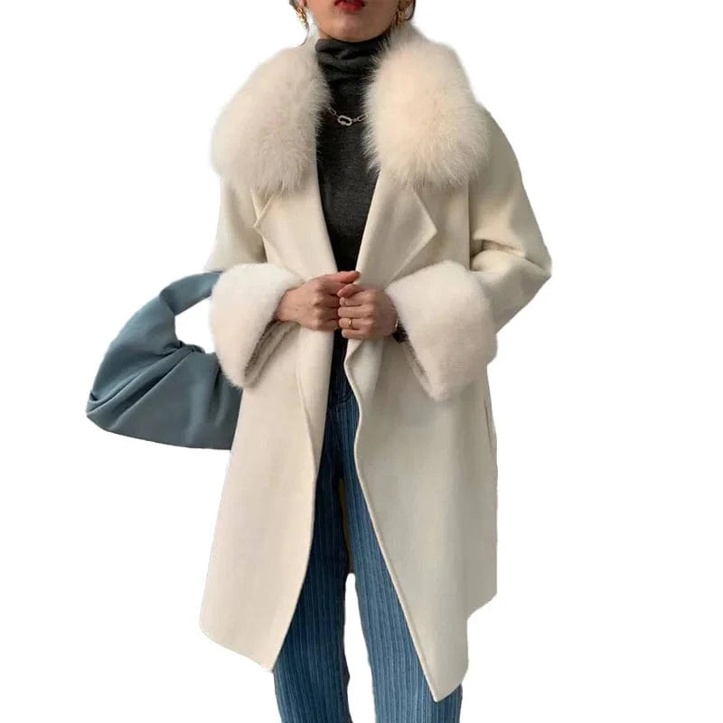 Windproof Belted Cashmere Coat Real Mink Fur Cuffs Long Wool Coat Women With Fox Fur Collar