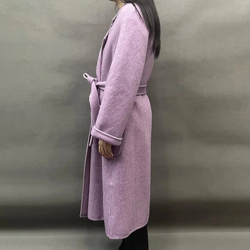 Winter Belted Long Wool Coat Elegant Handmade Overcoat Long Cashmere Coat for Women