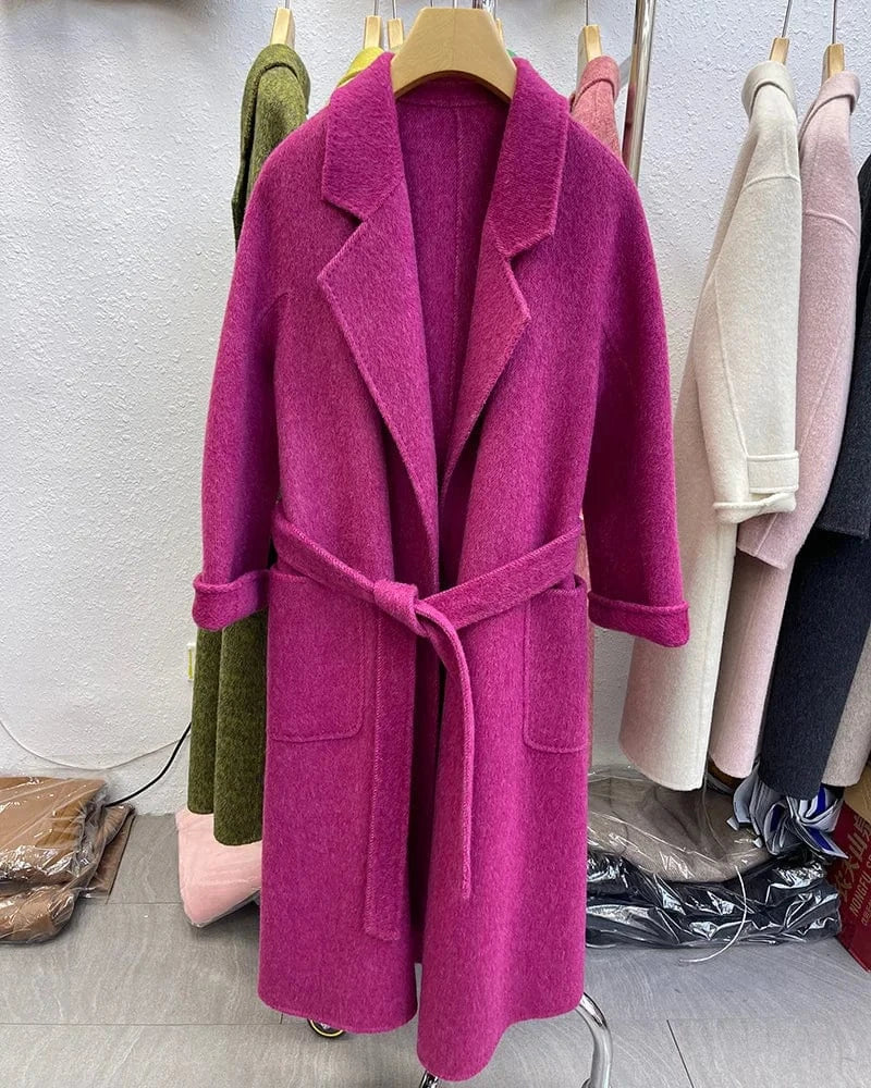 Winter Belted Long Wool Coat Elegant Handmade Overcoat Long Cashmere Coat for Women